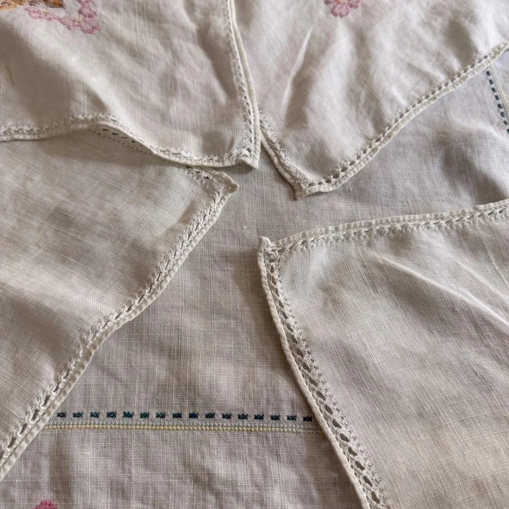 Vintage Hand Embroidered Linen Tablecloth Floral Cross Stitch White Lace 33